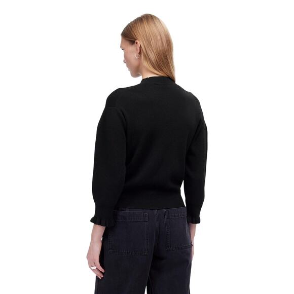Madewell Black Merino Wool Mockneck Sweater S Puff Sleeve Ruffle Hem NWT - Picture 3 of 8